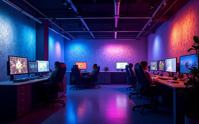 Vista creativa del estudio de Balsamora con computadoras y arte digital